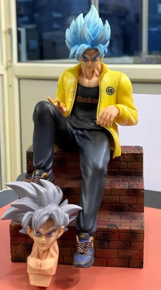 Hypebeast Goku Streetwear Action Figure – Sitting Pose with Interchangeable Heads (SSGSS & Ultra Instinct)