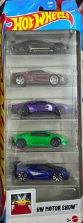 Hot Wheels HW Motor Show 5-Pack Diecast Car Set – Includes Ferrari, Lamborghini, Ford GT, Aston Martin & Lotus (1:64 Scale)