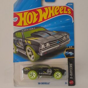 Hot Wheels 69 Chevelle die cast muscle car front angle 1969 Chevelle Hot Wheels side profile view 69 Chevelle miniature detailed hood close up Hot Wheels Chevelle muscle car in packaging Classic 69 Chevelle die cast model for collectors