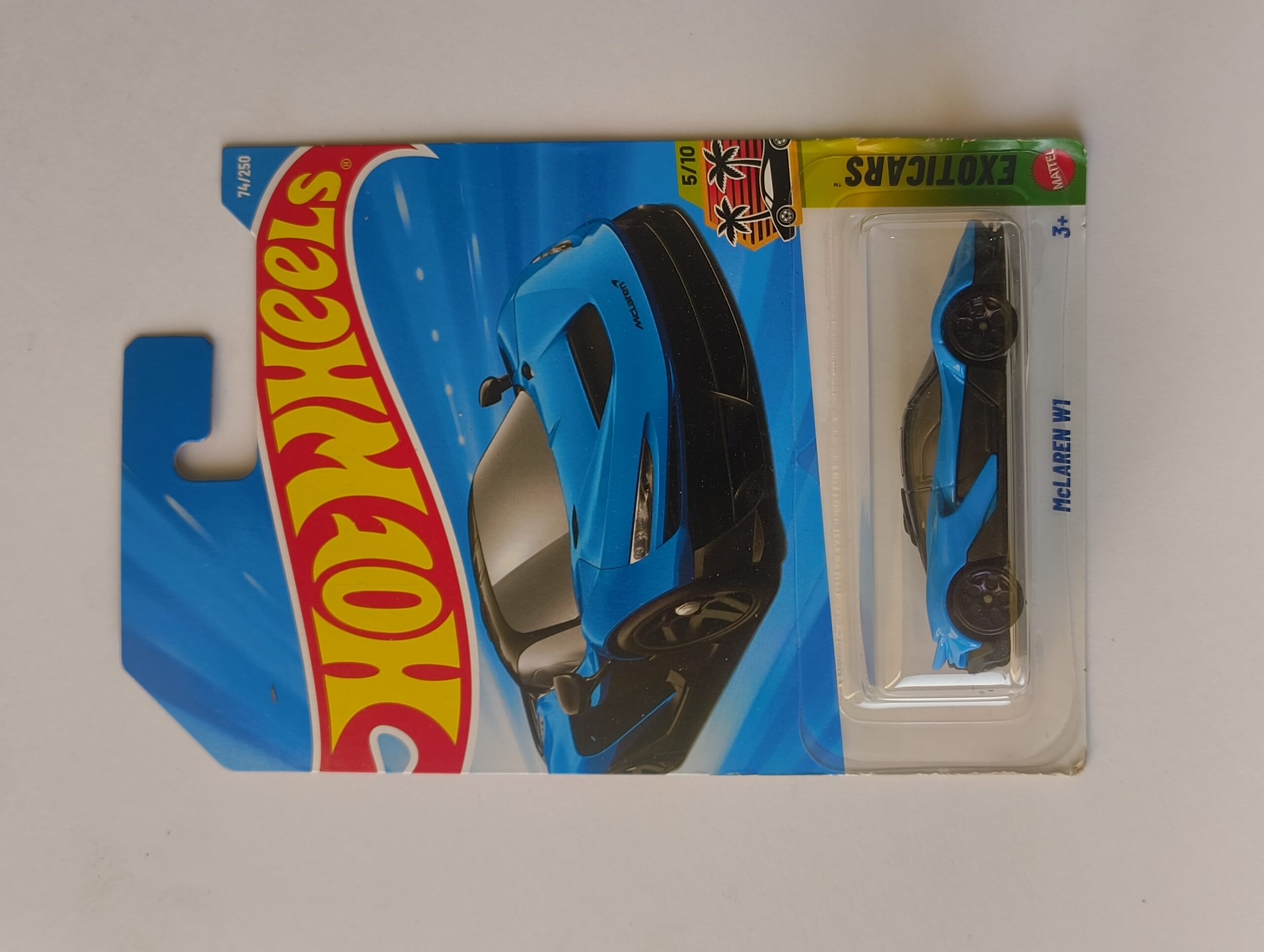 Hot Wheels McLaren W1 die cast front angle view McLaren W1 Hot Wheels side profile McLaren W1 miniature rear aerodynamic detail Hot Wheels McLaren W1 in original packaging Modern McLaren W1 hypercar collectible model