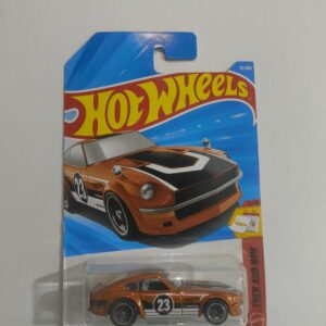 Hot Wheels Datsun 240Z die cast front three quarter view Datsun 240Z Hot Wheels side profile detailed Classic 240Z miniature sports car close up Hot Wheels Datsun 240Z in original packaging Vintage Japanese Datsun 240Z die cast collectible